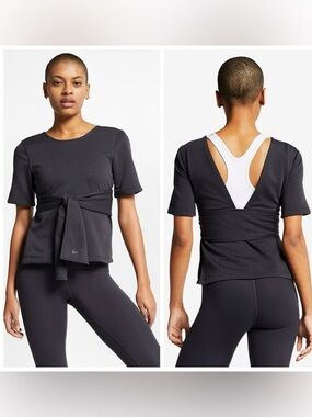 Nike Women’s Dri-Fit Studio Yoga Short Sleeve Wrap Top Charcoal Gray Size S